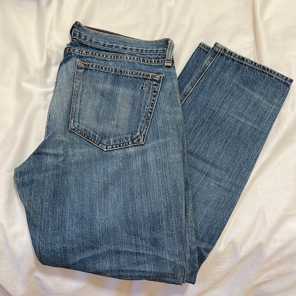Rag & Bone Size 27 boyfriend Jean with rips at knee